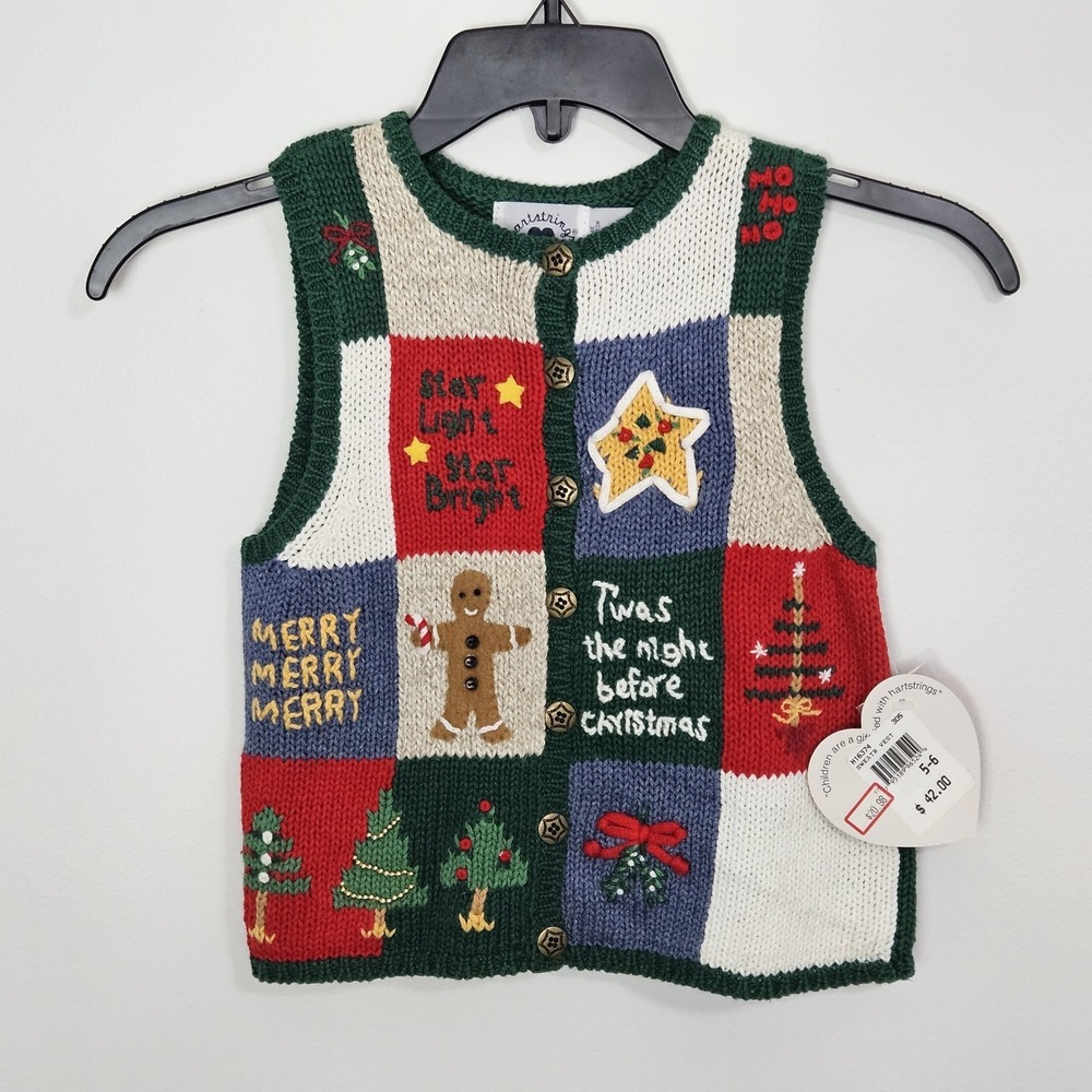 Hartstrings Knit Sweater Vest Kid Sz 5‎ Christmas Holiday Bells Vintage NEW